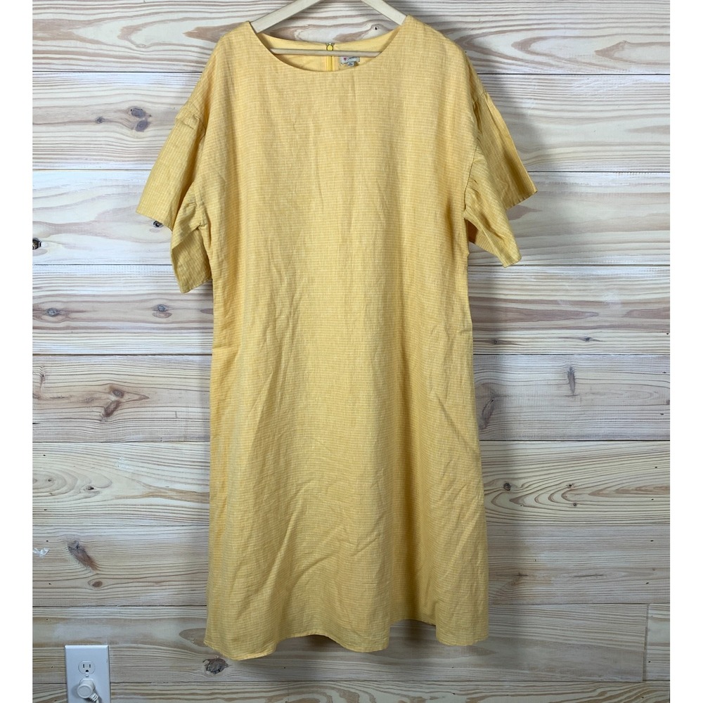 CREMIEUX Dress Woman 14 Midi Shift Linen Cotton Golden Yellow Stripe Lagenlook